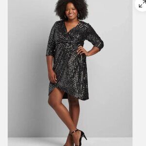 NWT Lane Bryant Black Sequin Faux Wrap Cocktail Dress - Size 14